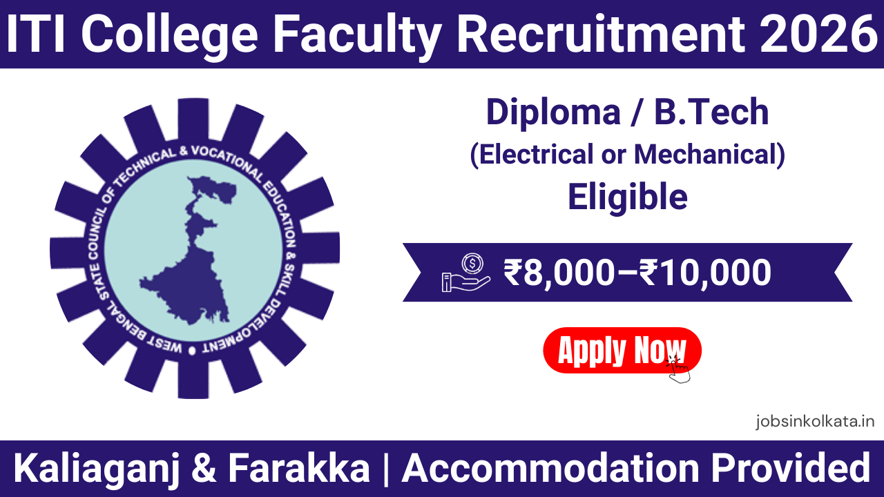 ITI College Faculty Recruitment 2026 | Electrical & Mechanical Diploma/B.Tech Jobs in Kaliaganj & Farakka | Salary ₹8,000–₹10,000 + Free Room