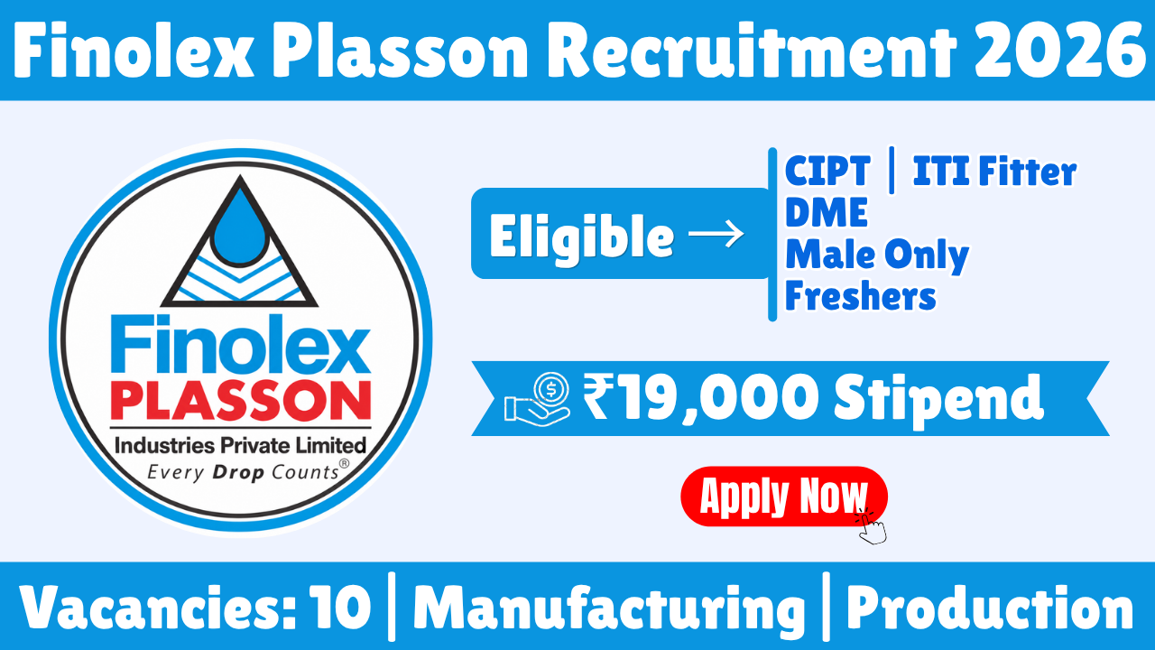 Finolex Plasson Recruitment 2026 – NAPS Apprentice Jobs in Urse Talegaon | ITI Fitter, CIPT & DME | Stipend ₹19,000 + DBT