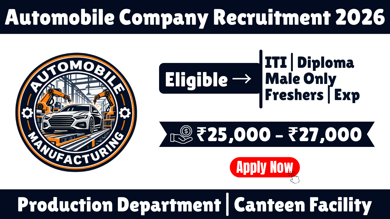 Automobile Manufacturing Company Recruitment 2026 | ITI & Diploma Jobs | Production Department | Salary Up to ₹27,000 CTC Banner